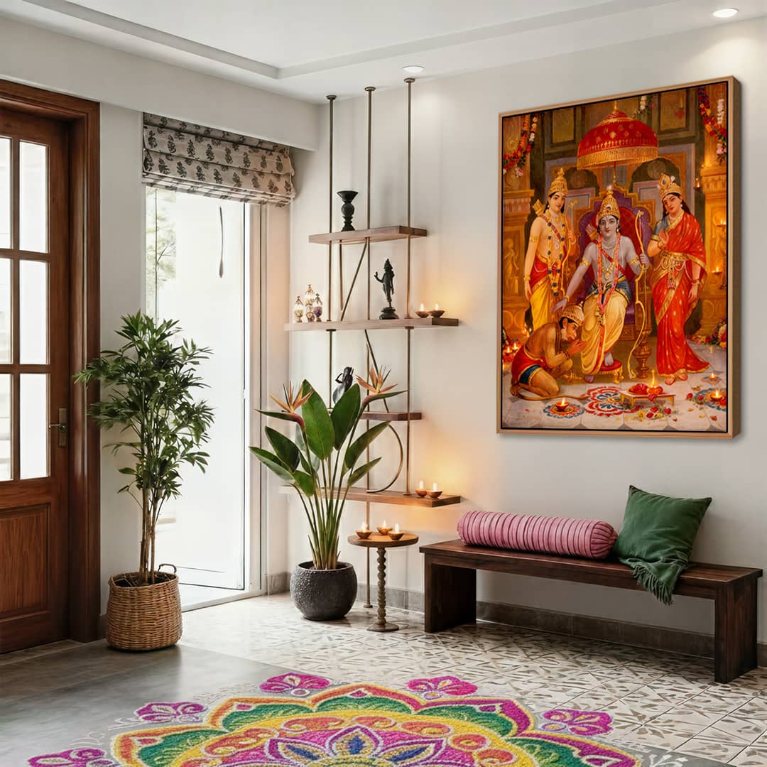 Diwali entrance in a rented flat: Ram Darbar wall art above a wooden bench, diyas on floating shelves and a rangoli at the door