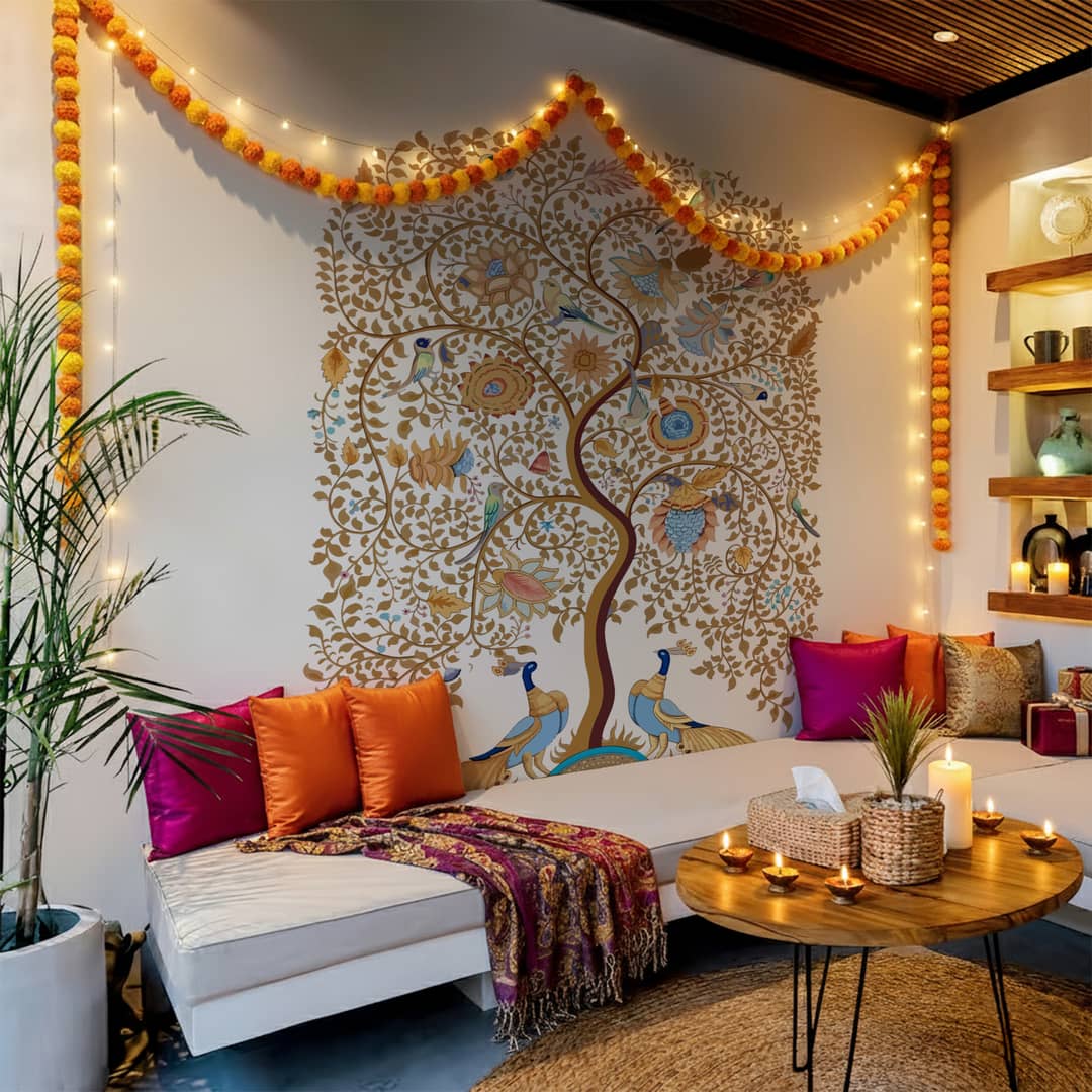Tree of life mural wallpaper behind a low sofa, framed by marigold garlands and fairy lights, with diyas on the coffee table