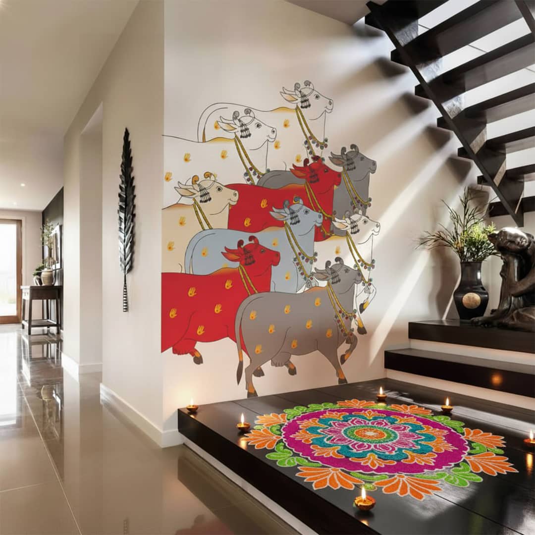 Pichwai-style cow procession mural on a stairwell wall, with a Diwali rangoli and diyas on the landing below
